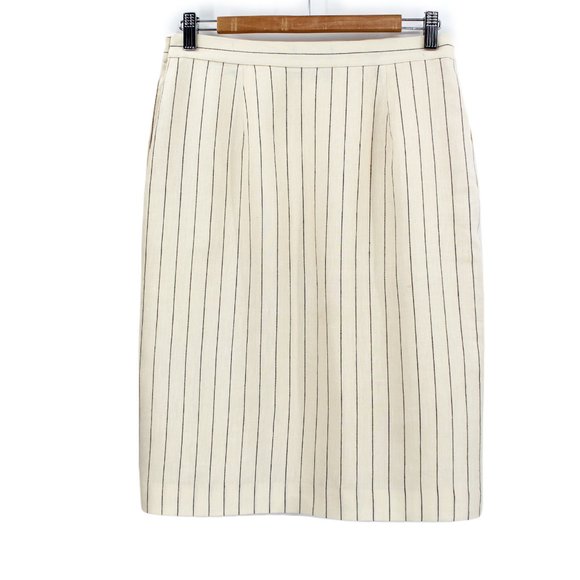 Ralph Lauren Linen Wool Straight Skirt Side Buttons Navy Cream Stripe - Picture 2 of 9